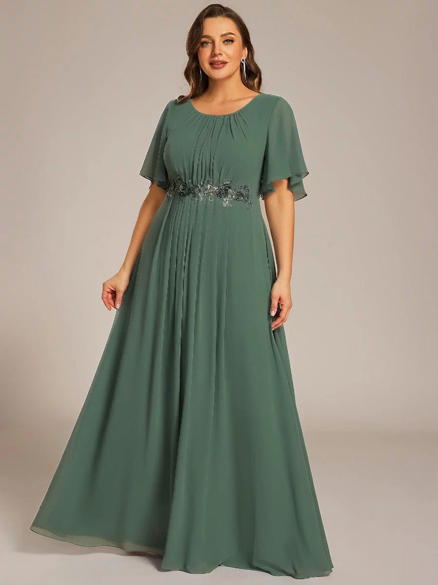 Plus Size Pleated Waist Applique Maxi Bridesmaid Dress #color_Eucalyptus