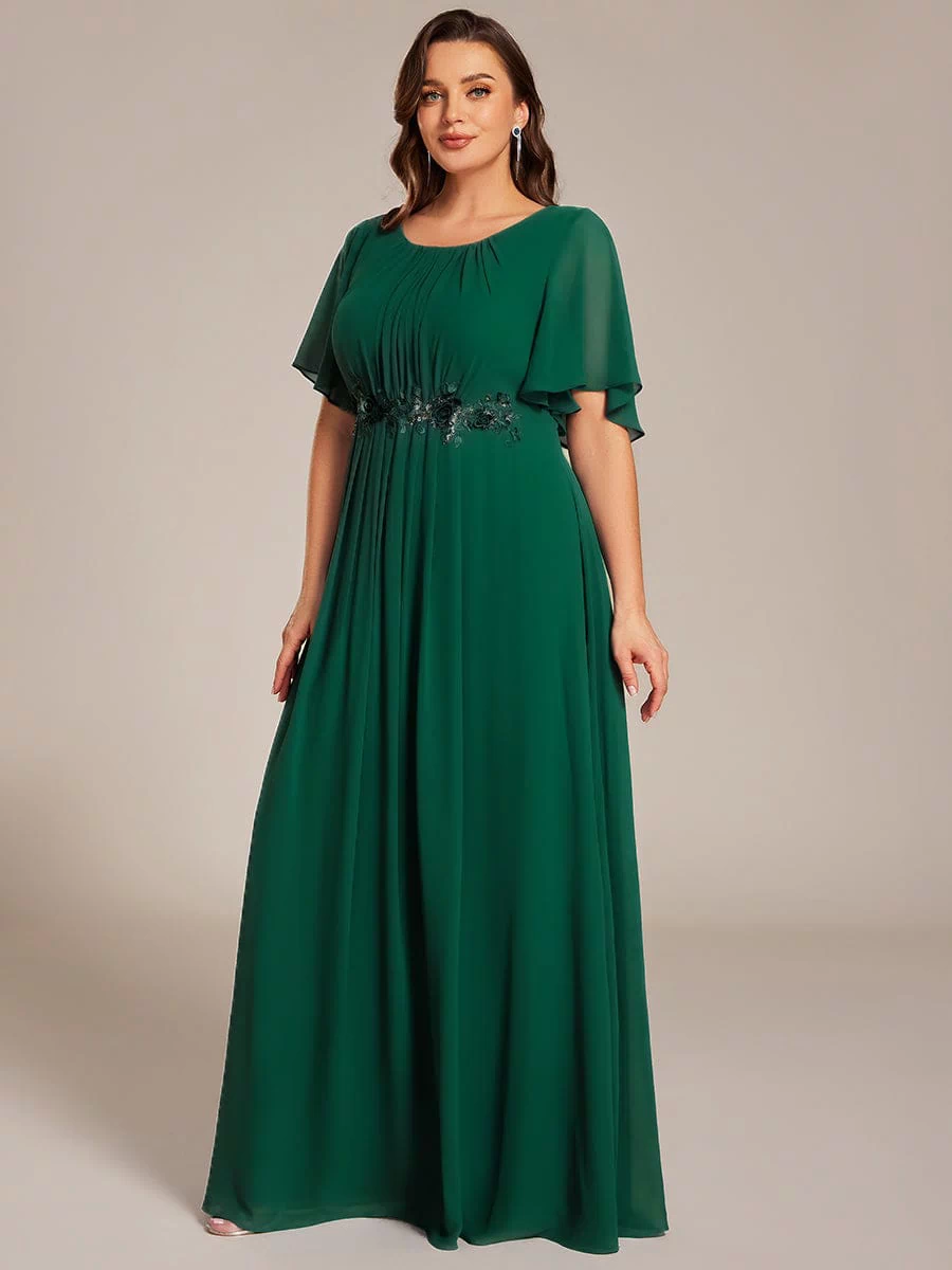 Plus Size Pleated Waist Applique Maxi Bridesmaid Dress #color_Dark Green