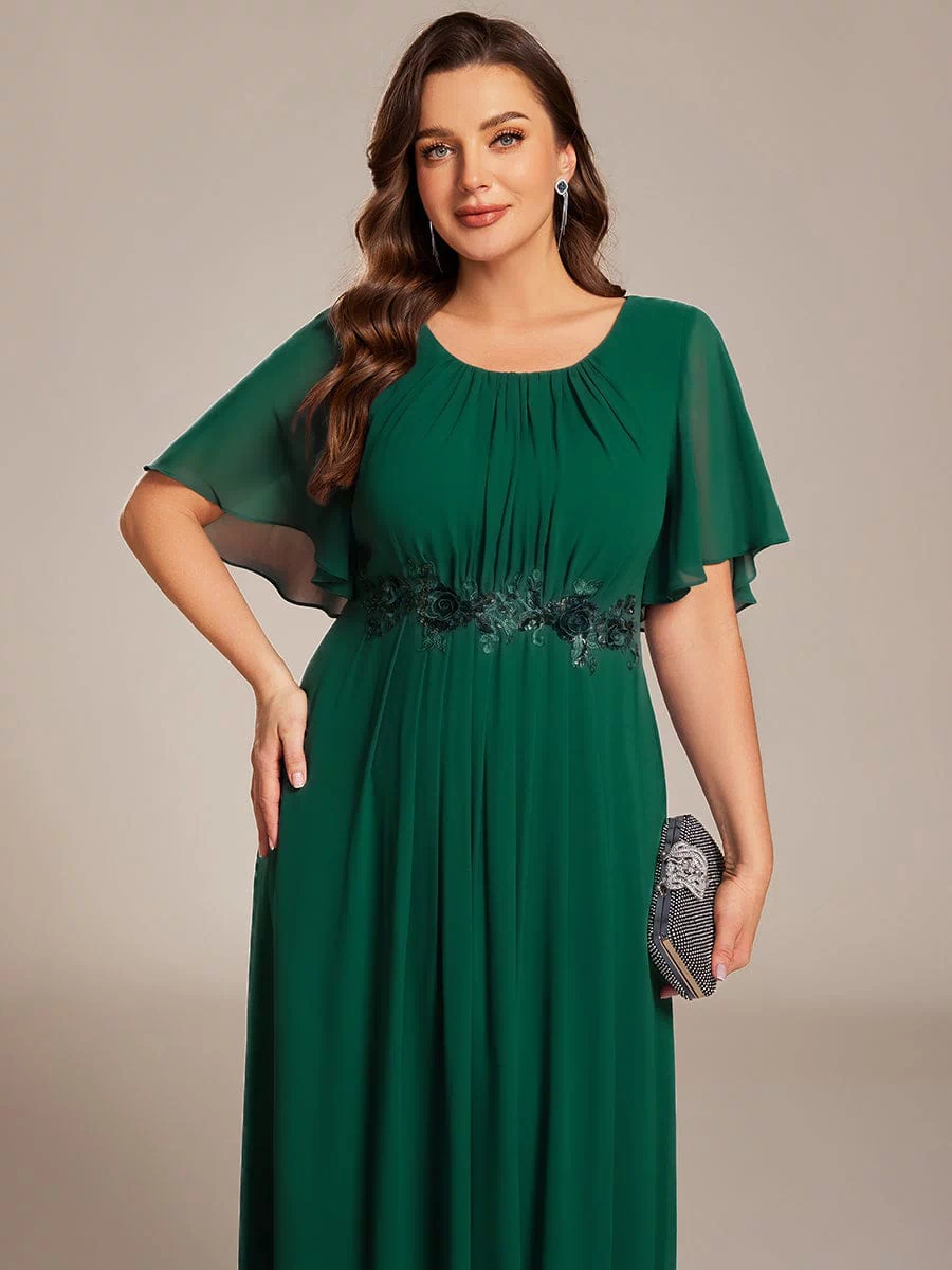 Plus Size Pleated Waist Applique Maxi Bridesmaid Dress #color_Dark Green