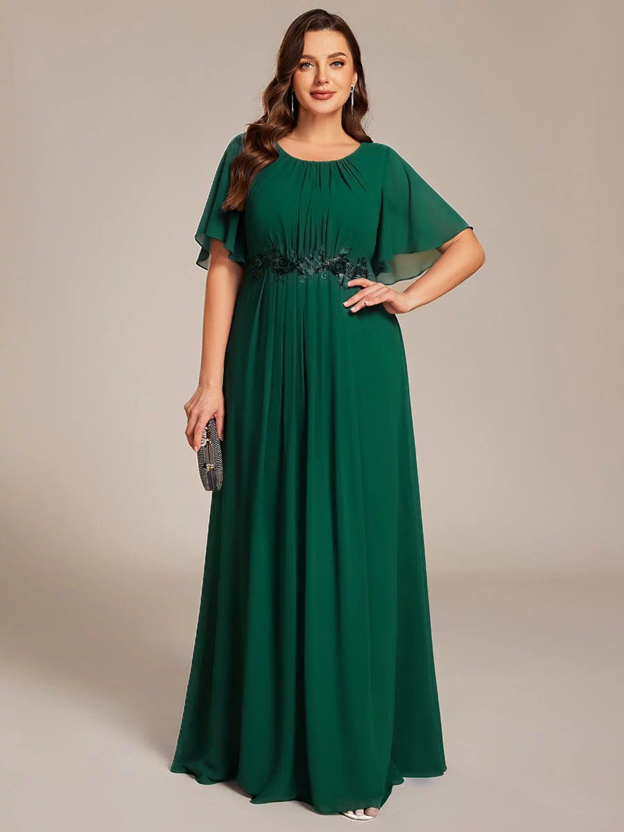 Plus Size Pleated Waist Applique Maxi Bridesmaid Dress #color_Dark Green