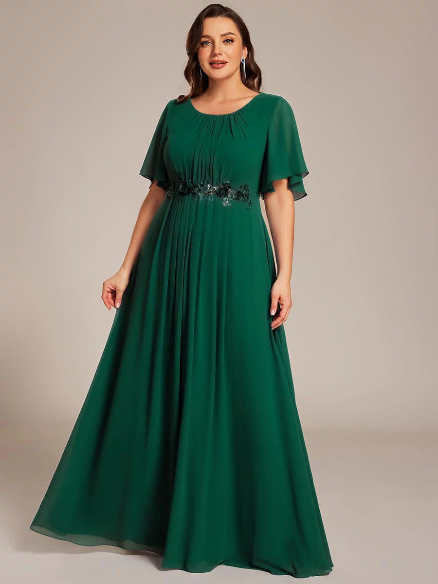 Plus Size Pleated Waist Applique Maxi Bridesmaid Dress #color_Dark Green