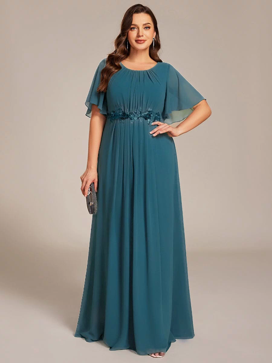 Plus Size Pleated Waist Applique Maxi Bridesmaid Dress #color_Teal