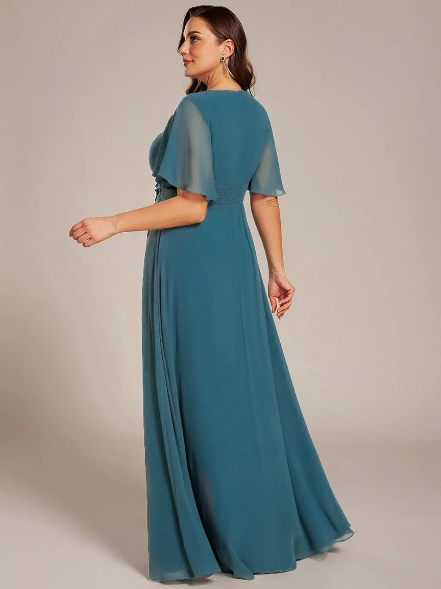 Plus Size Pleated Waist Applique Maxi Bridesmaid Dress #color_Teal