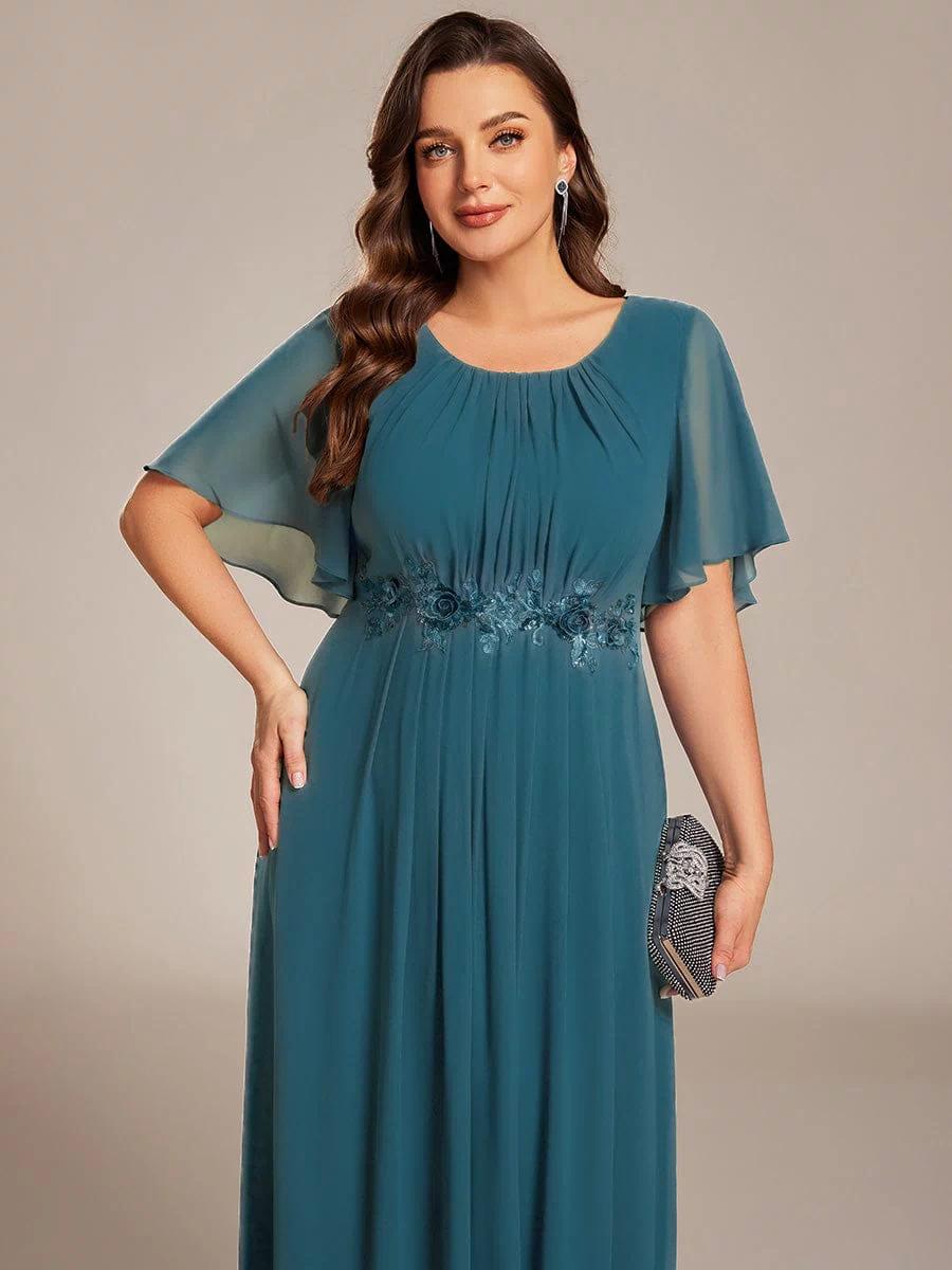 Plus Size Pleated Waist Applique Maxi Bridesmaid Dress #color_Teal