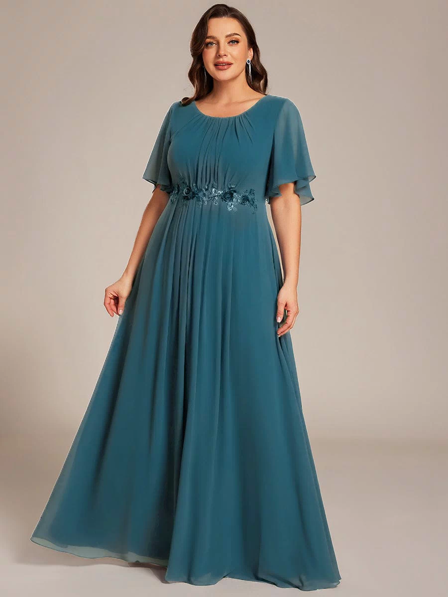 Plus Size Pleated Waist Applique Maxi Bridesmaid Dress #color_Teal