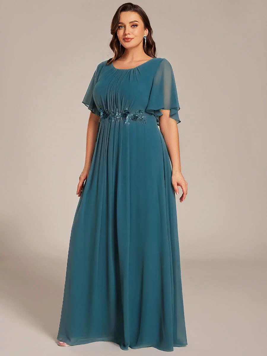 Plus Size Pleated Waist Applique Maxi Bridesmaid Dress #color_Teal