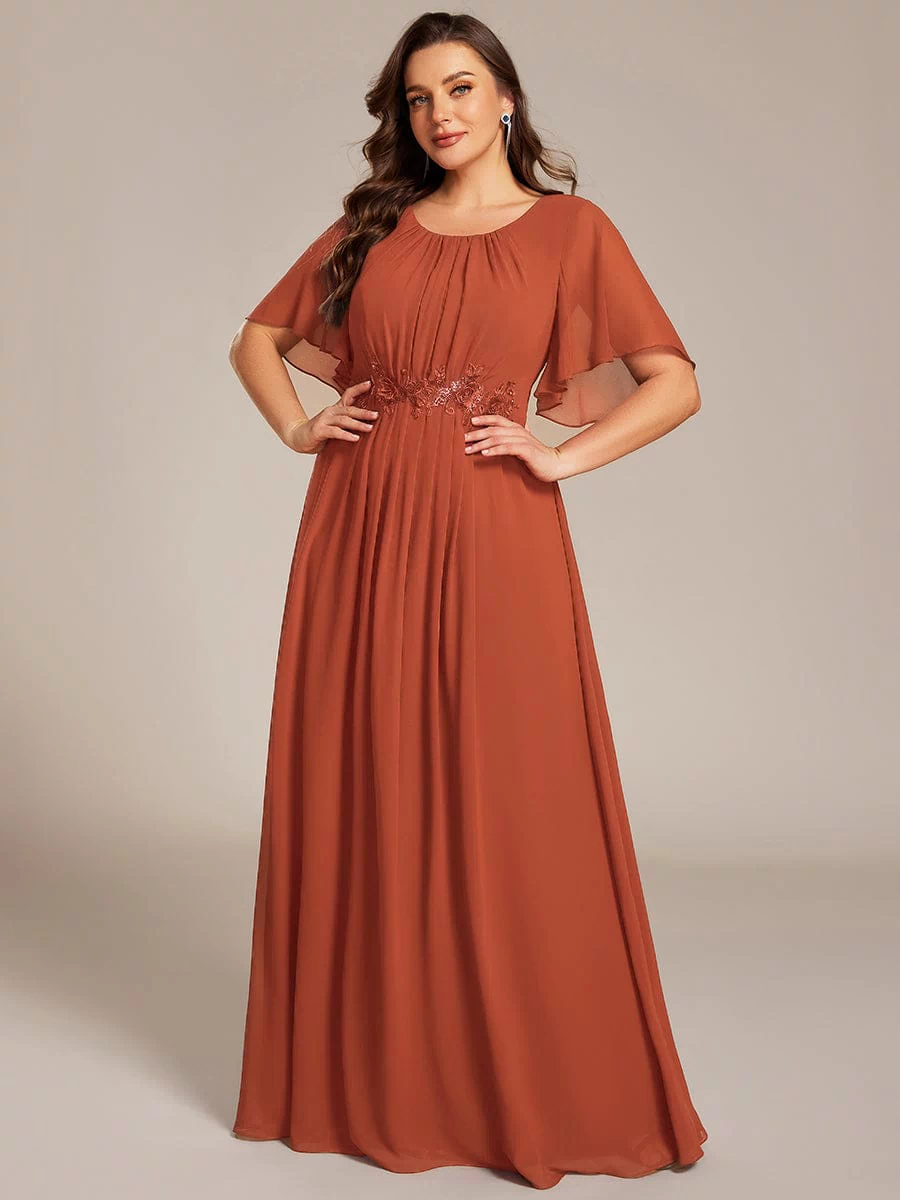 Plus Size Pleated Waist Applique Maxi Bridesmaid Dress #color_Burnt Orange