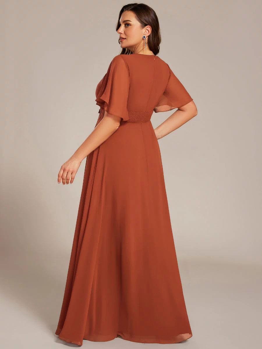 Plus Size Pleated Waist Applique Maxi Bridesmaid Dress #color_Burnt Orange