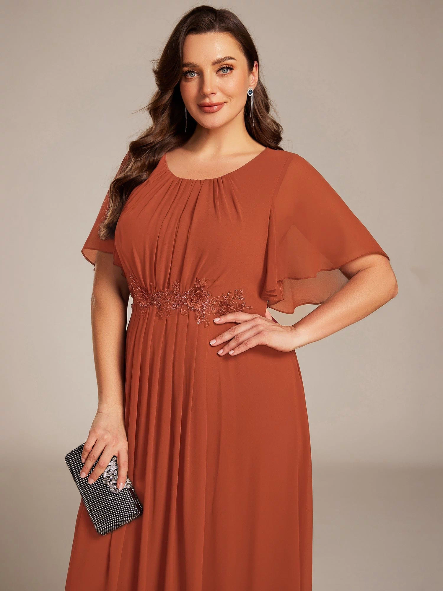 Plus Size Pleated Waist Applique Maxi Bridesmaid Dress #color_Burnt Orange