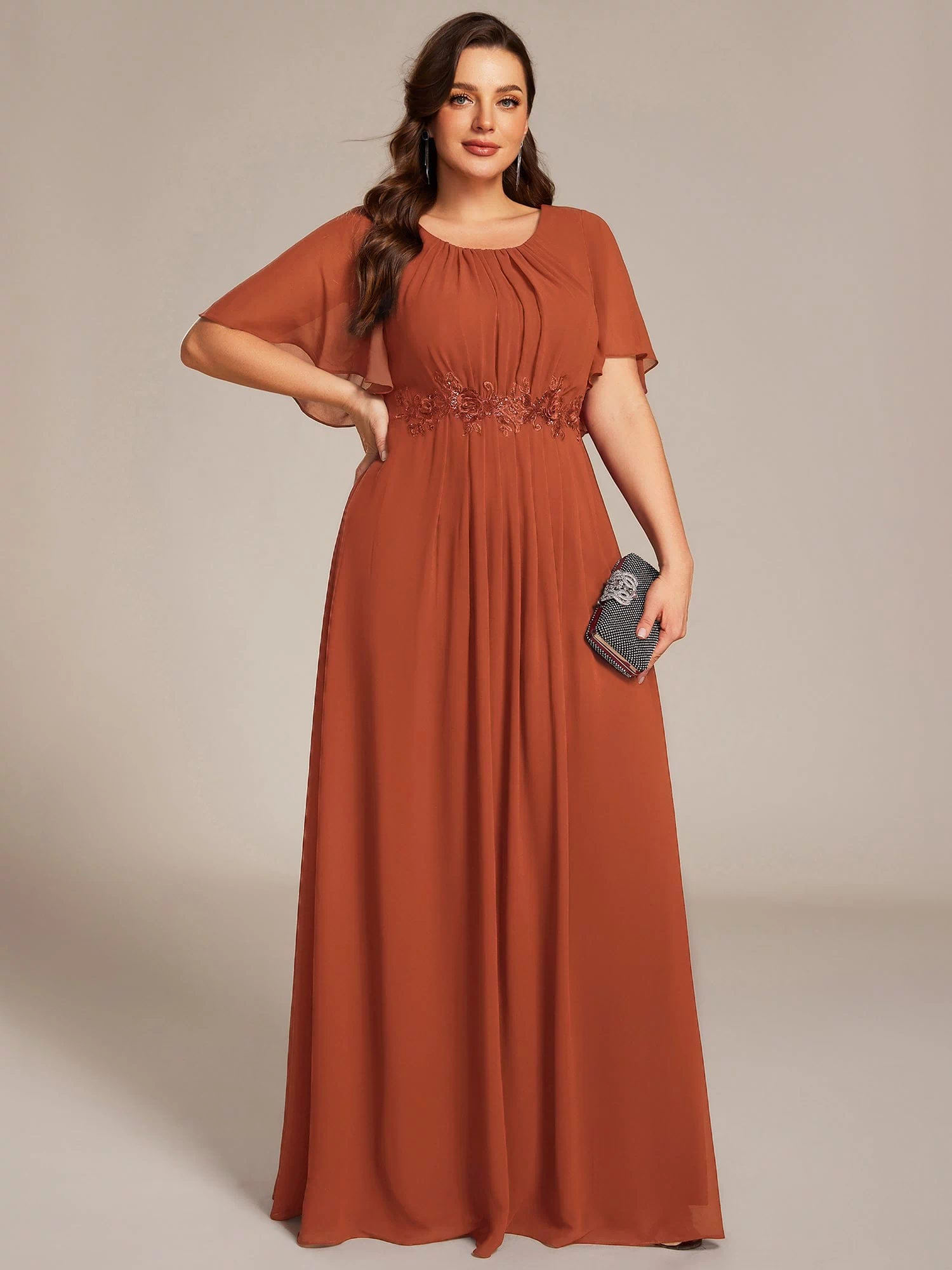 Plus Size Pleated Waist Applique Maxi Bridesmaid Dress #color_Burnt Orange