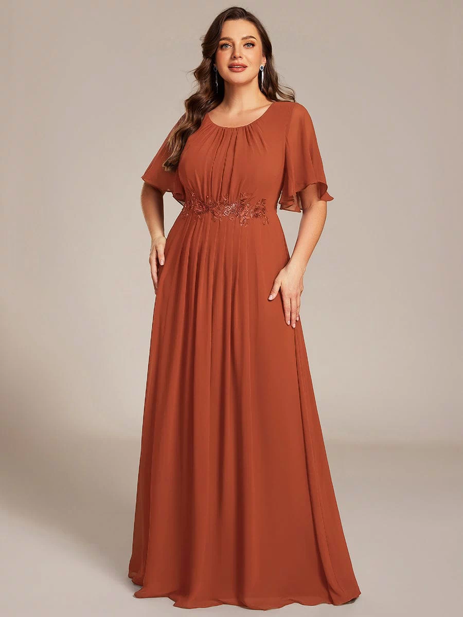Plus Size Pleated Waist Applique Maxi Bridesmaid Dress #color_Burnt Orange