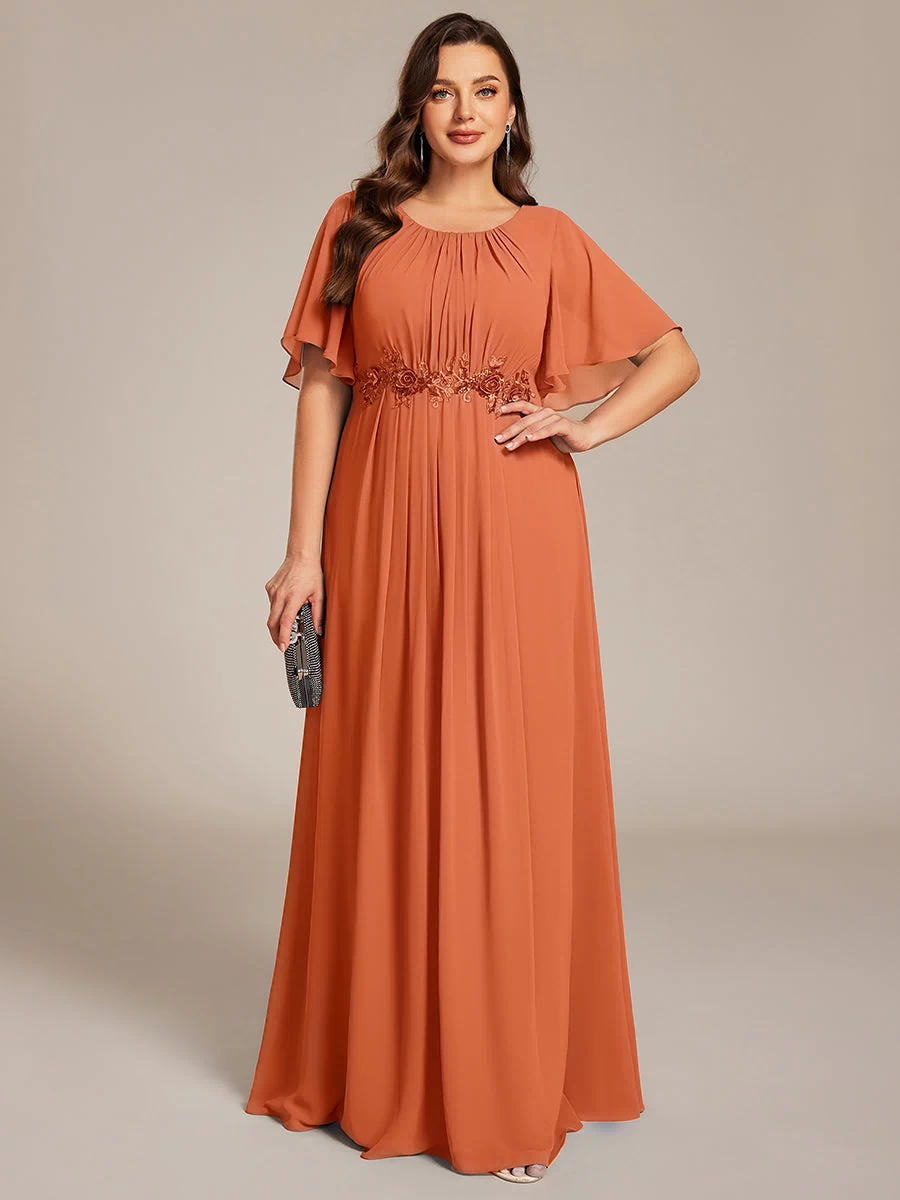 Plus Size Pleated Waist Applique Maxi Bridesmaid Dress #color_Brandied Melon