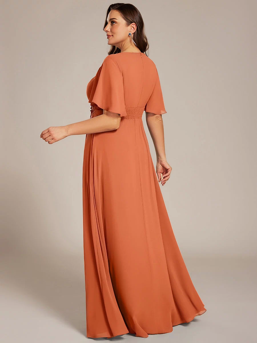 Plus Size Pleated Waist Applique Maxi Bridesmaid Dress #color_Brandied Melon