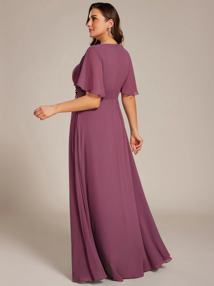 Plus Size Pleated Waist Applique Maxi Bridesmaid Dress #color_Damson