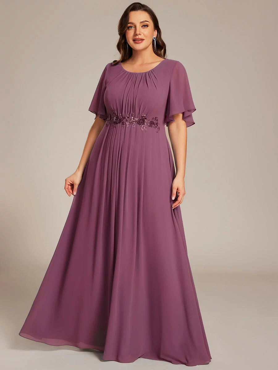 Plus Size Pleated Waist Applique Maxi Bridesmaid Dress #color_Damson