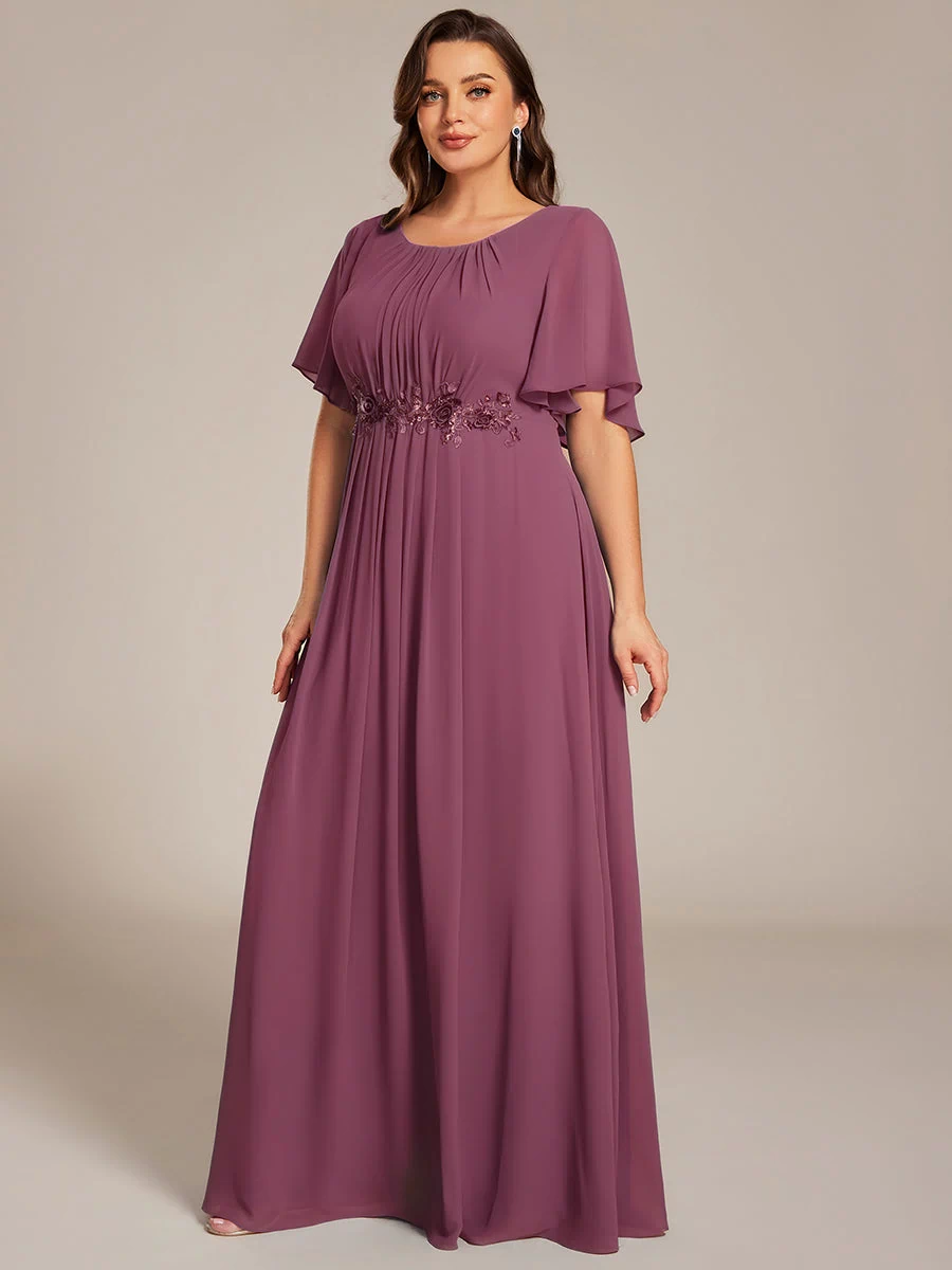 Plus Size Pleated Waist Applique Maxi Bridesmaid Dress #color_Damson