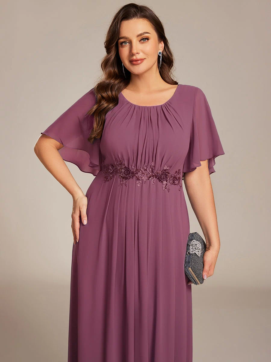 Plus Size Pleated Waist Applique Maxi Bridesmaid Dress #color_Damson