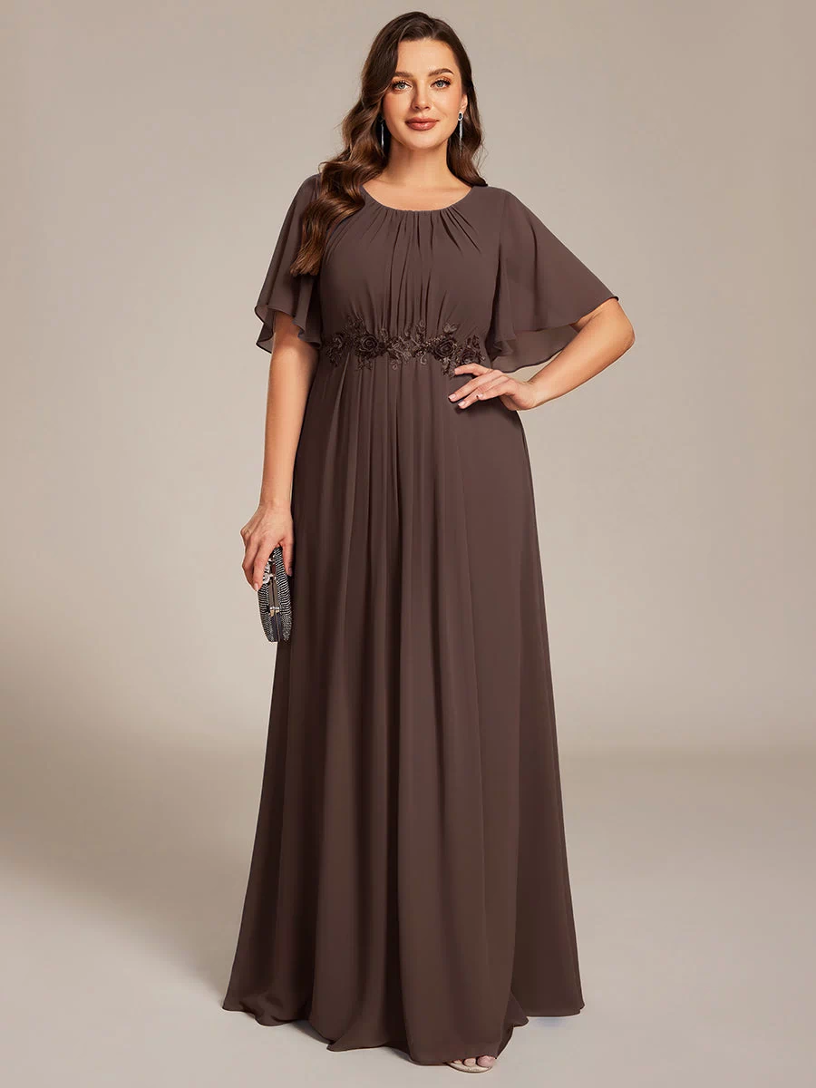 Plus Size Pleated Waist Applique Maxi Bridesmaid Dress #color_Espresso