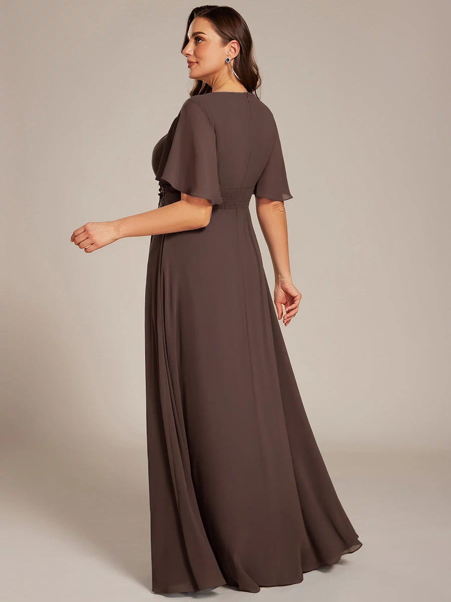 Plus Size Pleated Waist Applique Maxi Bridesmaid Dress #color_Espresso