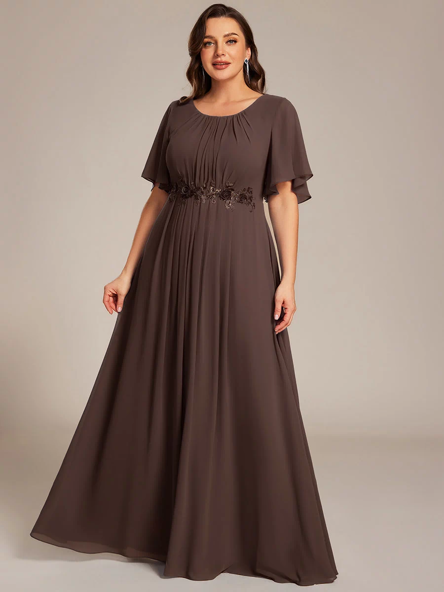 Plus Size Pleated Waist Applique Maxi Bridesmaid Dress #color_Espresso