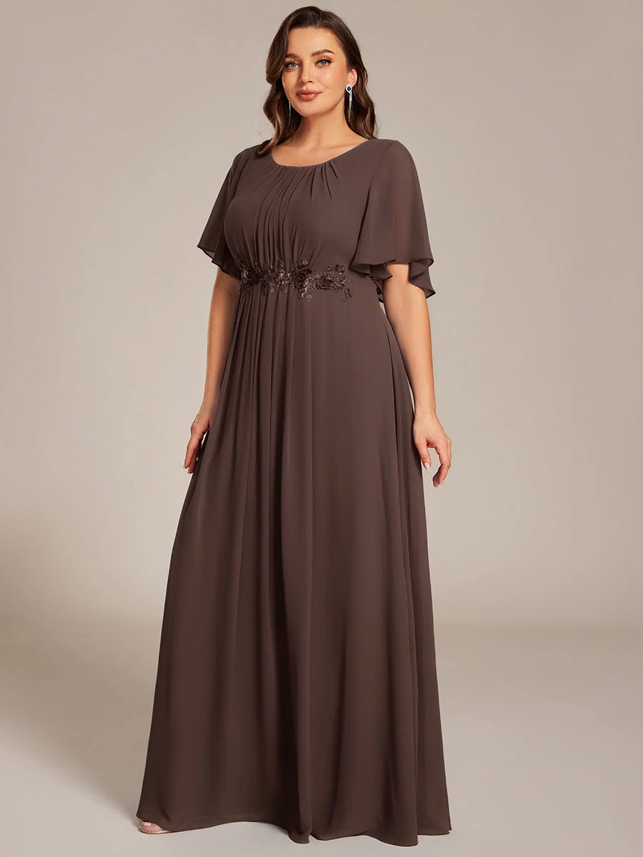Plus Size Pleated Waist Applique Maxi Bridesmaid Dress #color_Espresso
