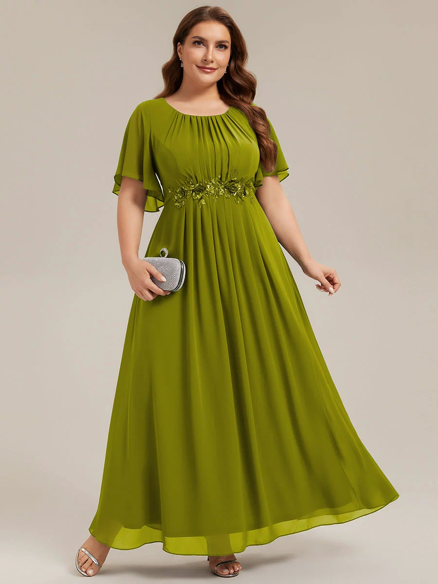 Plus Size Pleated Waist Applique Maxi Bridesmaid Dress #color_Citron