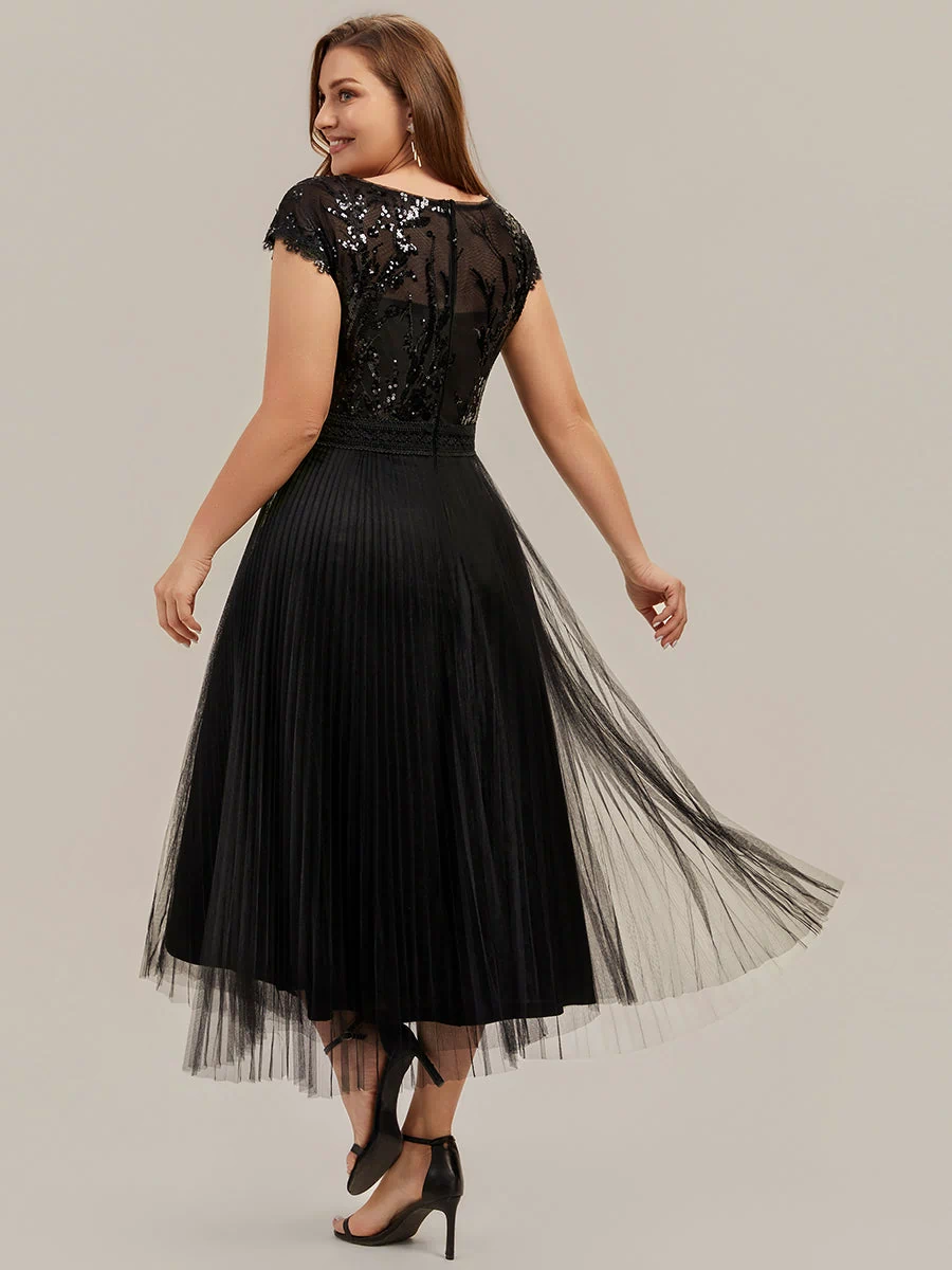 Plus Size See-through Sequin Wedding Guest Dress #color_Black