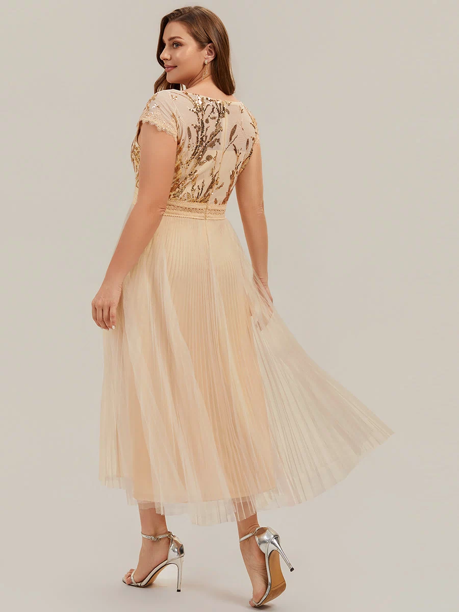 Plus Size See-through Sequin Wedding Guest Dress #color_Gold