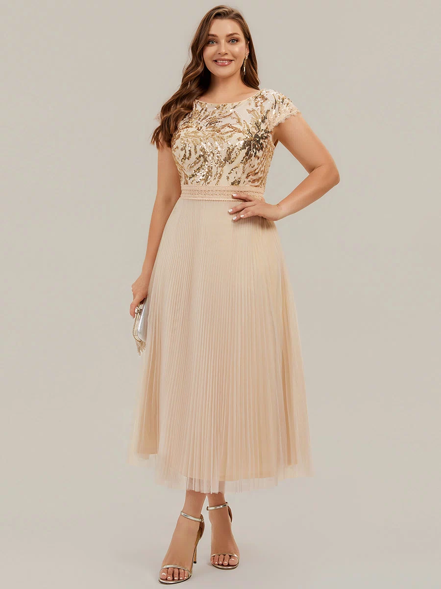 Plus Size See-through Sequin Wedding Guest Dress #color_Gold
