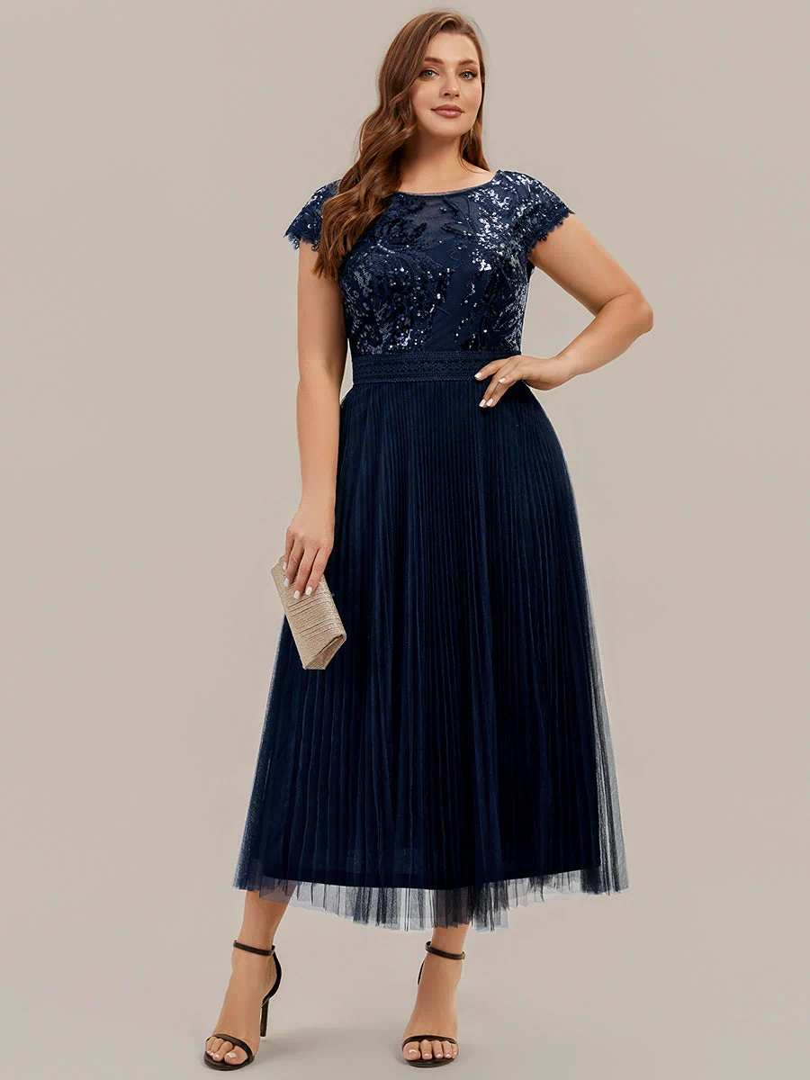 Plus Size See-through Sequin Wedding Guest Dress #color_Navy Blue