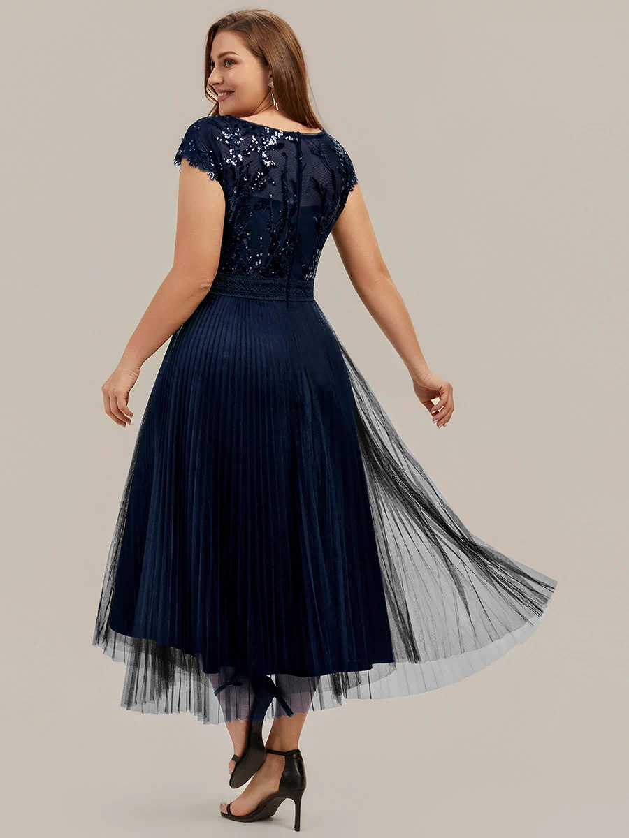 Plus Size See-through Sequin Wedding Guest Dress #color_Navy Blue