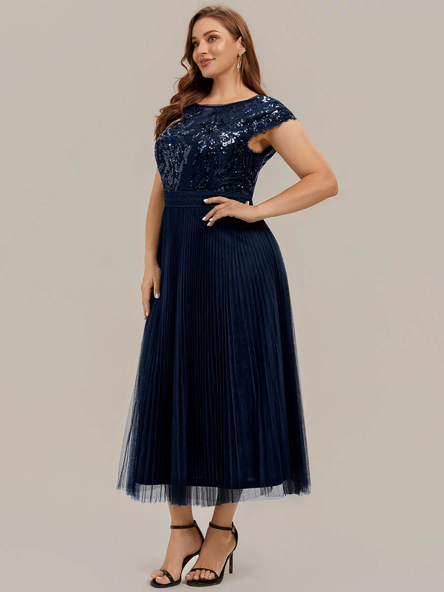 Plus Size See-through Sequin Wedding Guest Dress #color_Navy Blue