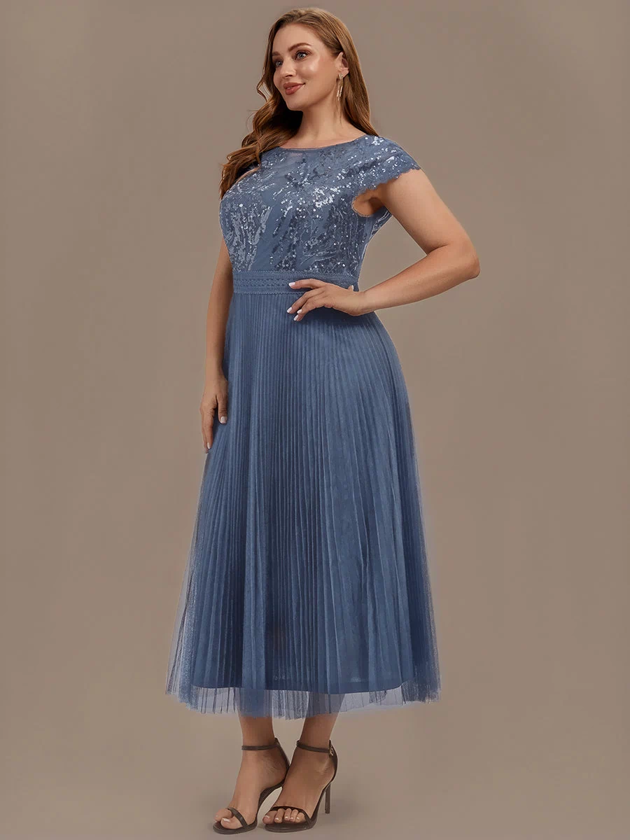 Plus Size See-through Sequin Wedding Guest Dress #color_Dusty Blue