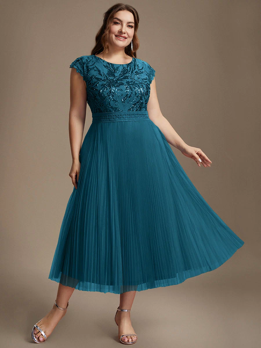 Plus Size See-through Sequin Wedding Guest Dress #color_Teal Blue