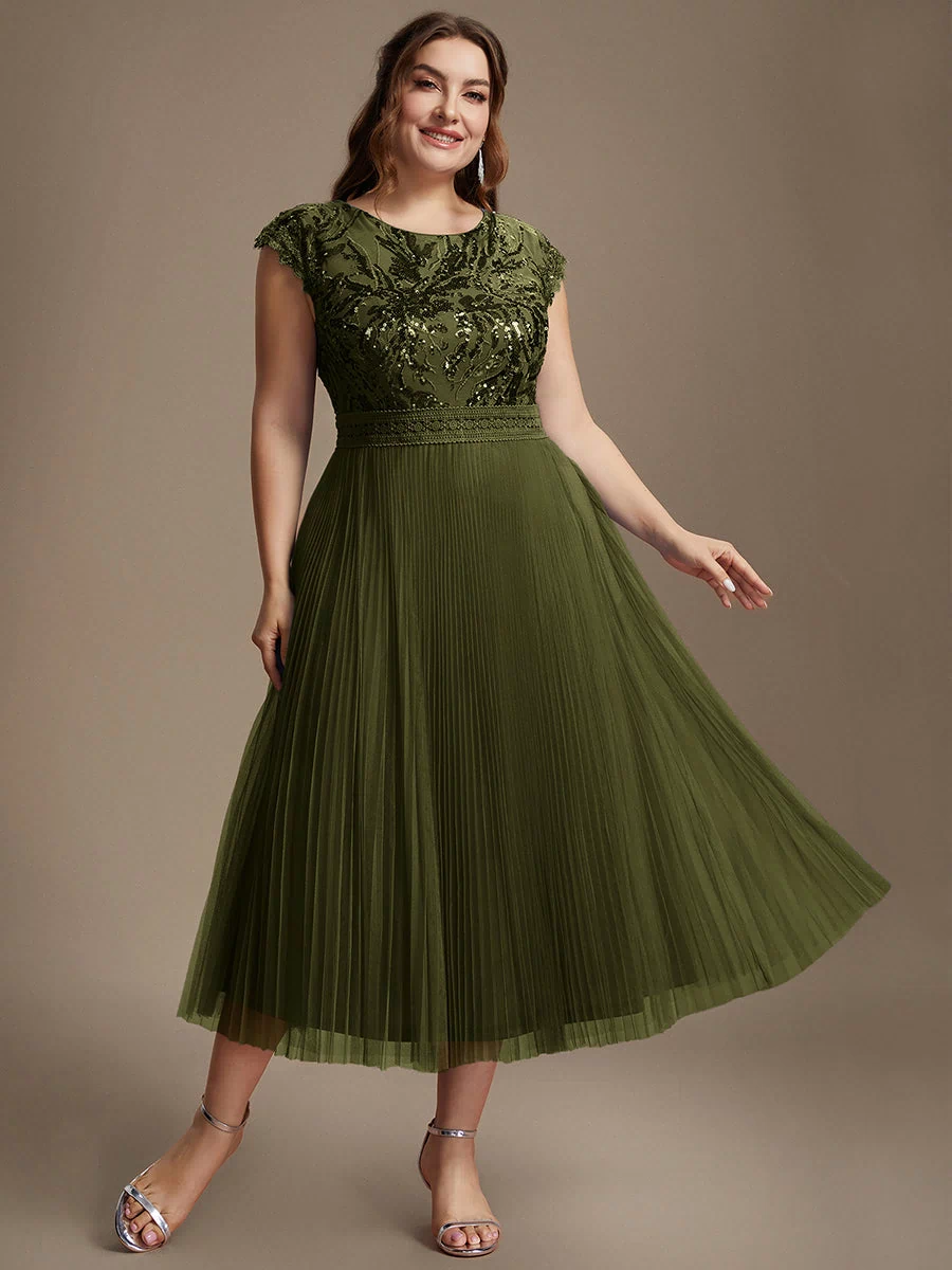 Plus Size See-through Sequin Wedding Guest Dress #color_Olive Green