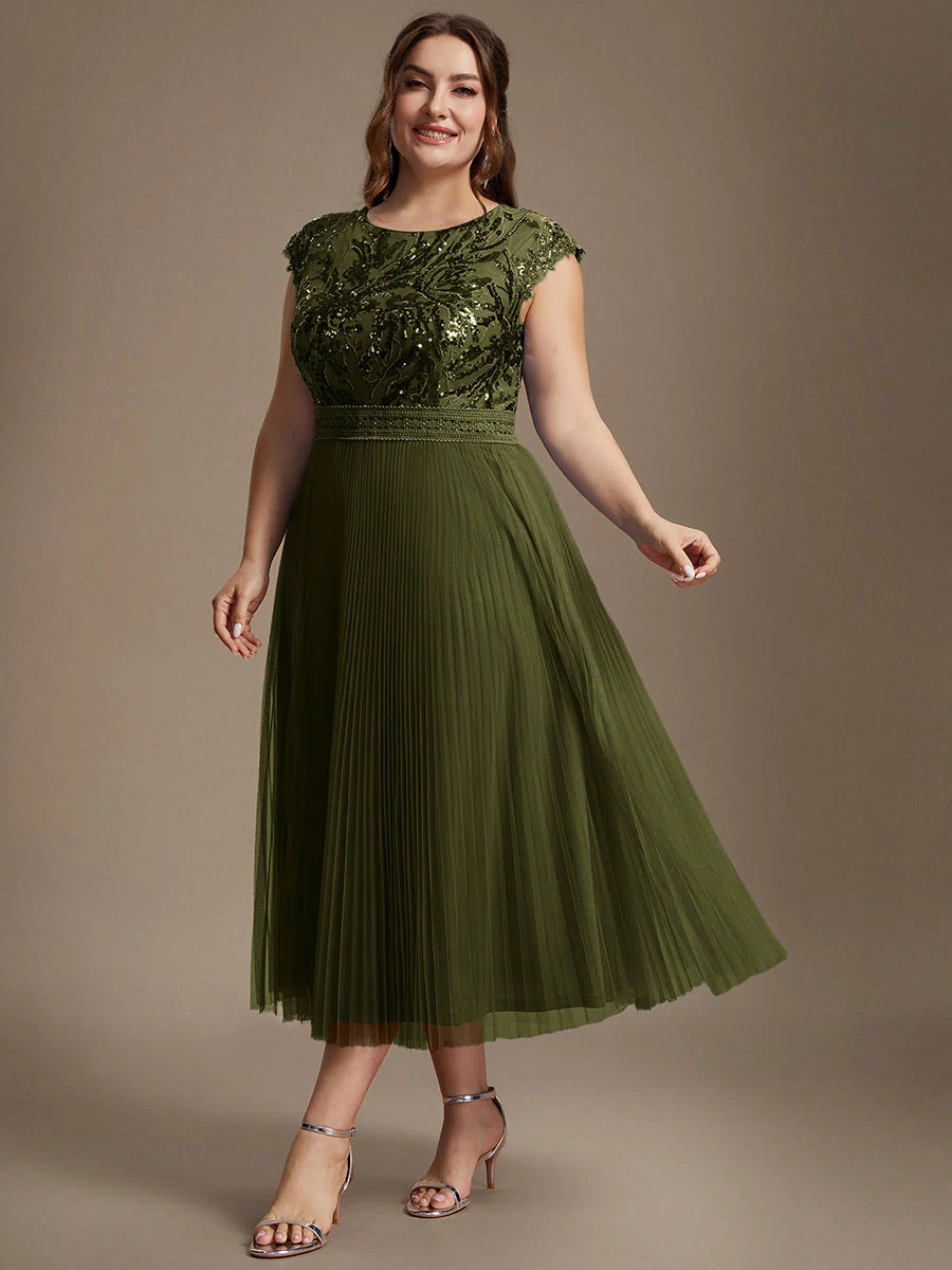 Plus Size See-through Sequin Wedding Guest Dress #color_Olive Green