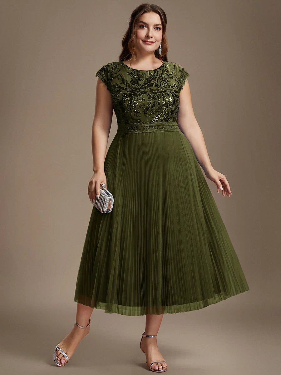 Plus Size See-through Sequin Wedding Guest Dress #color_Olive Green