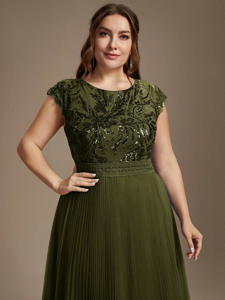 Plus Size See-through Sequin Wedding Guest Dress #color_Olive Green
