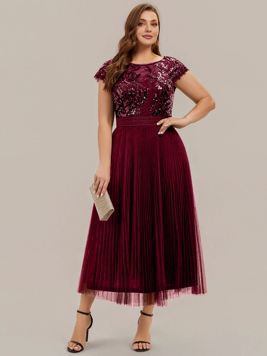 Plus Size See-through Sequin Wedding Guest Dress #color_Burgundy
