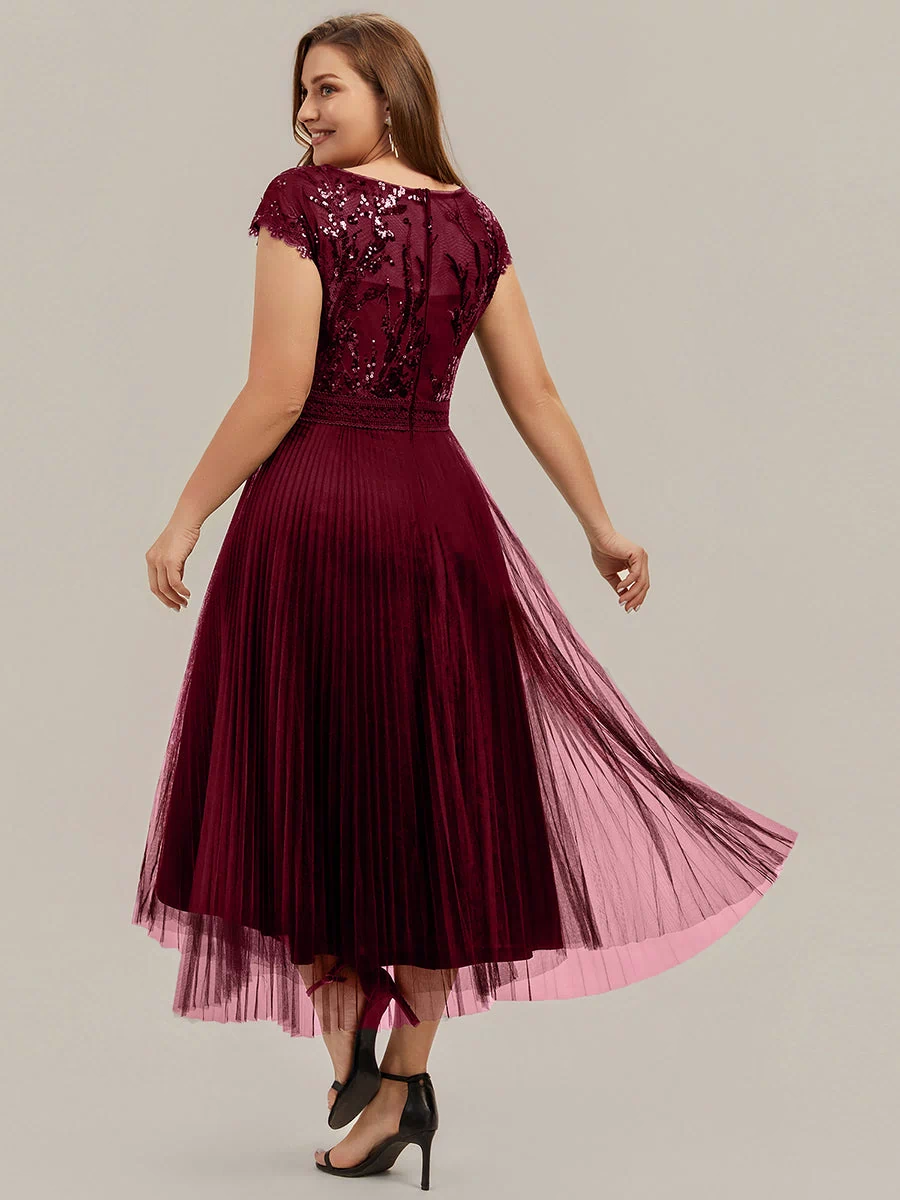 Plus Size See-through Sequin Wedding Guest Dress #color_Burgundy