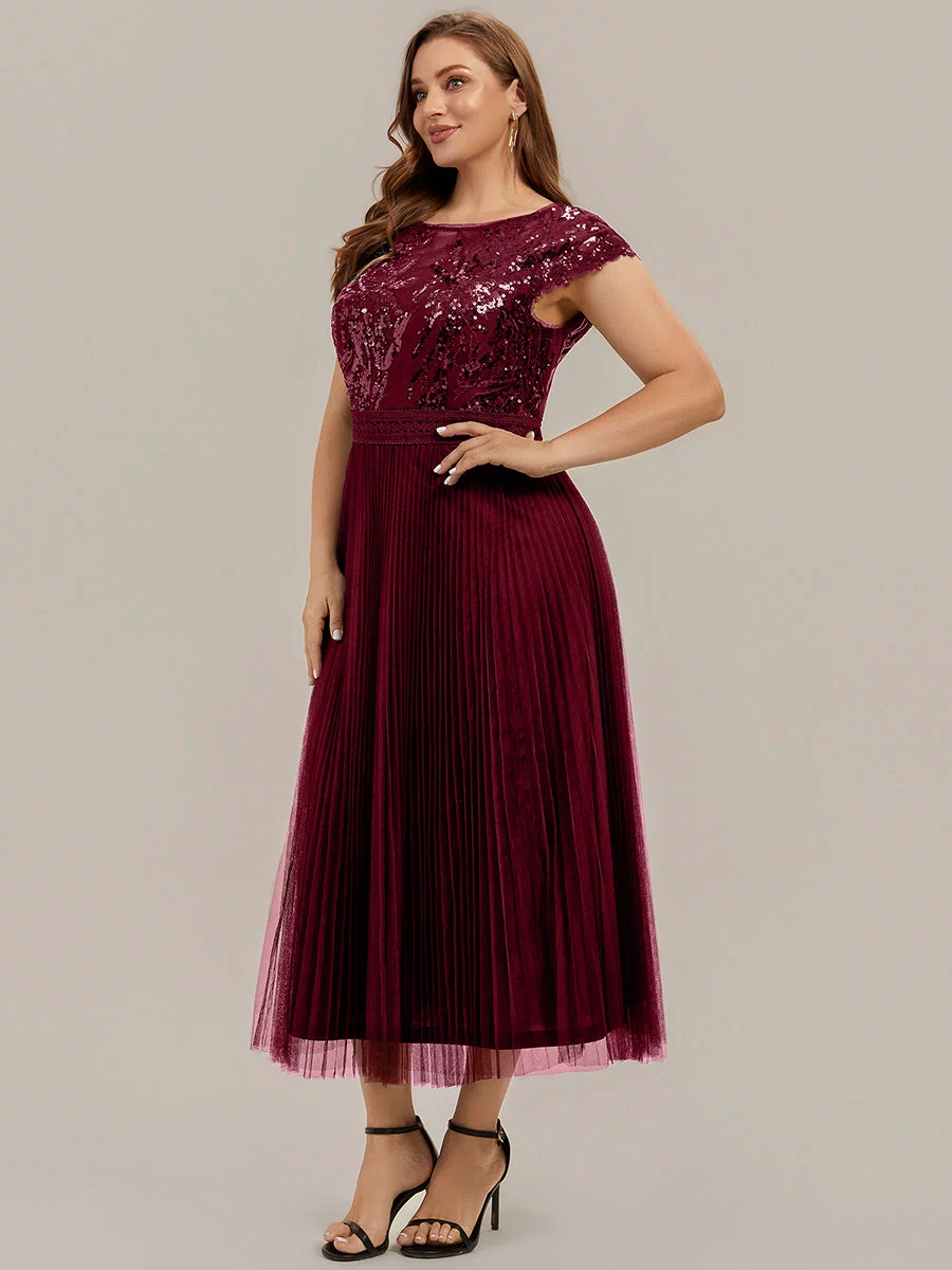 Plus Size See-through Sequin Wedding Guest Dress #color_Burgundy