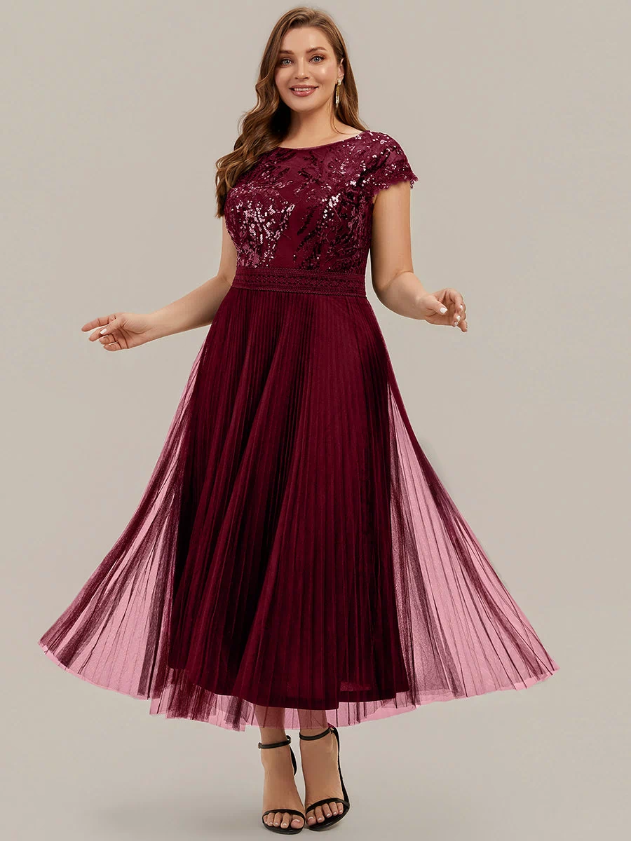 Plus Size See-through Sequin Wedding Guest Dress #color_Burgundy
