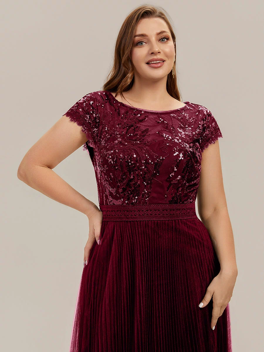 Plus Size See-through Sequin Wedding Guest Dress #color_Burgundy