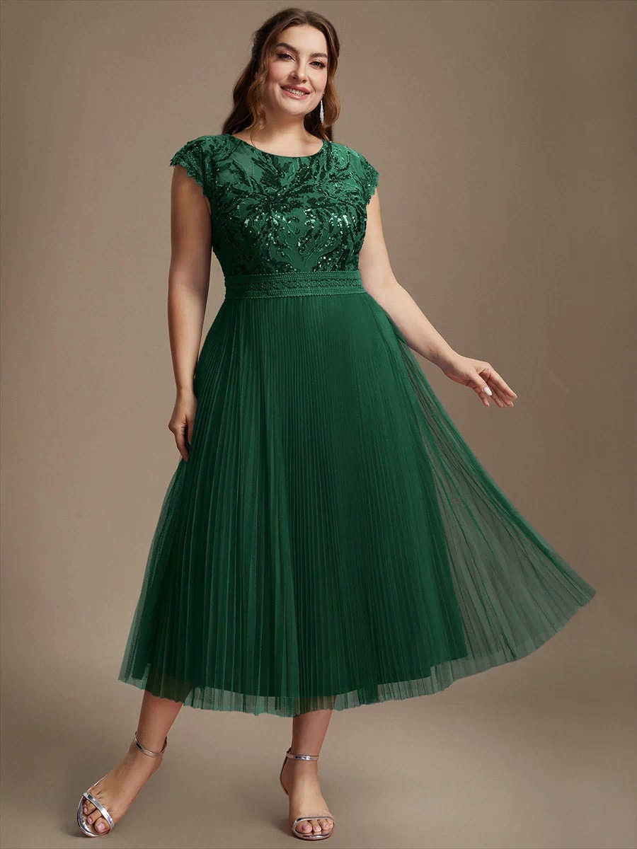 Plus Size See-through Sequin Wedding Guest Dress #color_Dark Green