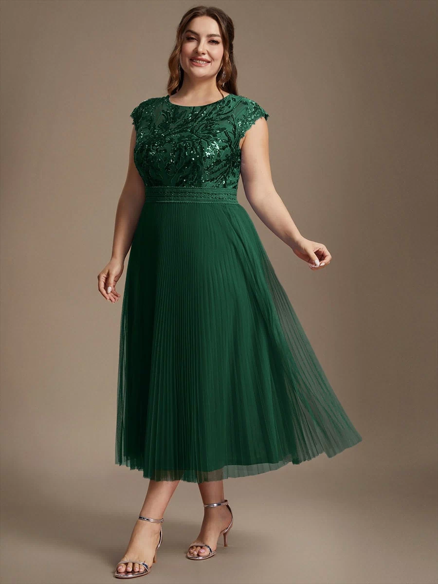 Plus Size See-through Sequin Wedding Guest Dress #color_Dark Green