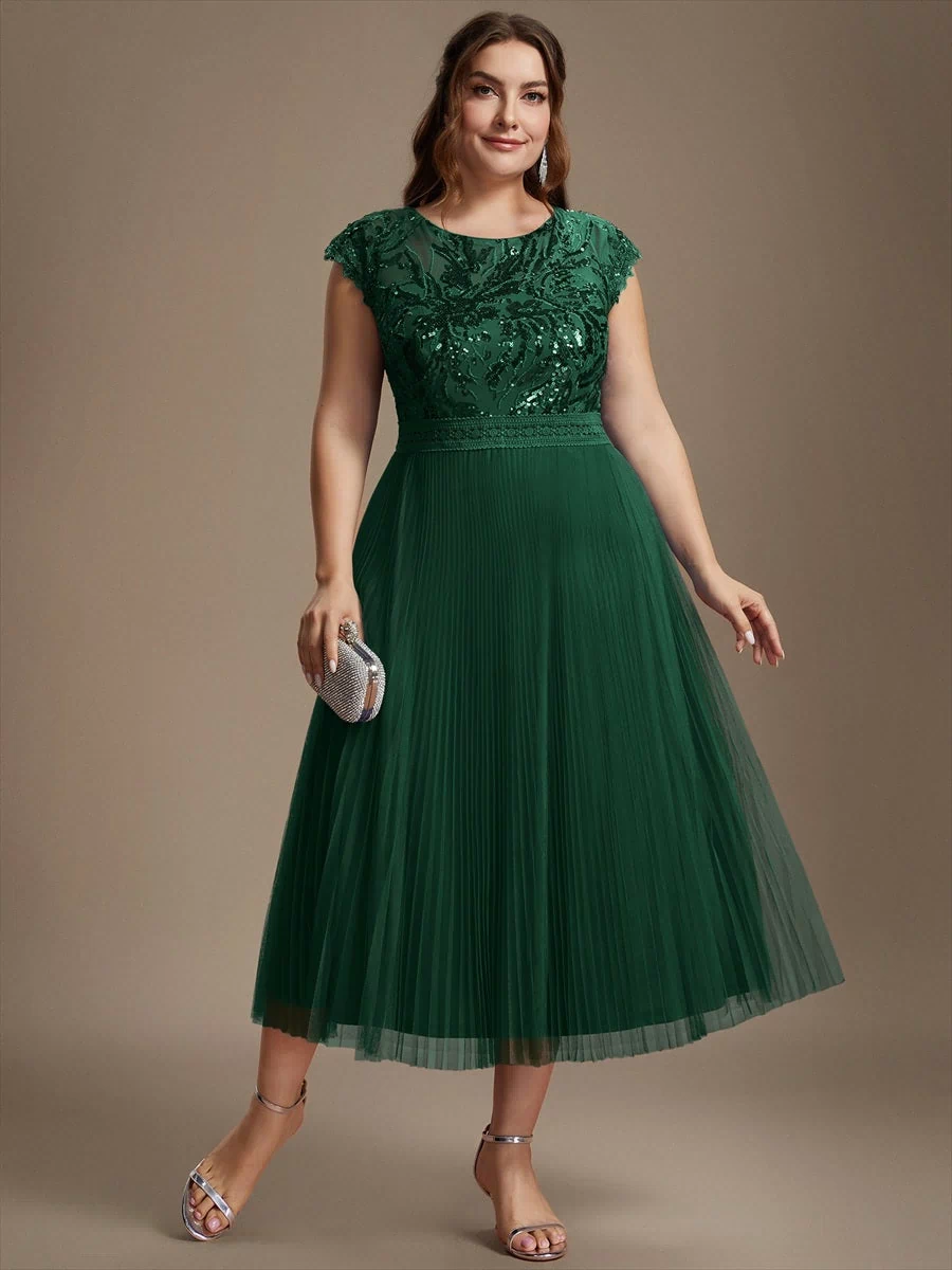 Plus Size See-through Sequin Wedding Guest Dress #color_Dark Green