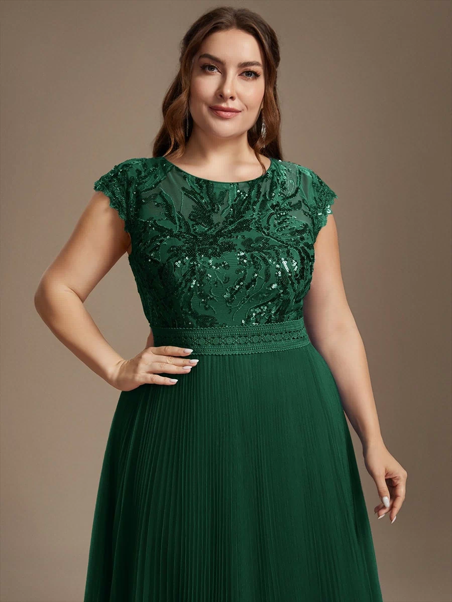Plus Size See-through Sequin Wedding Guest Dress #color_Dark Green