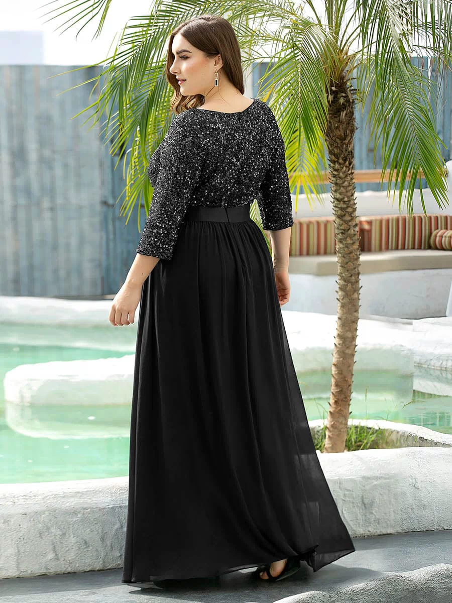 Plus Size Sequin 3/4 Sleeves Dresses #color_Black