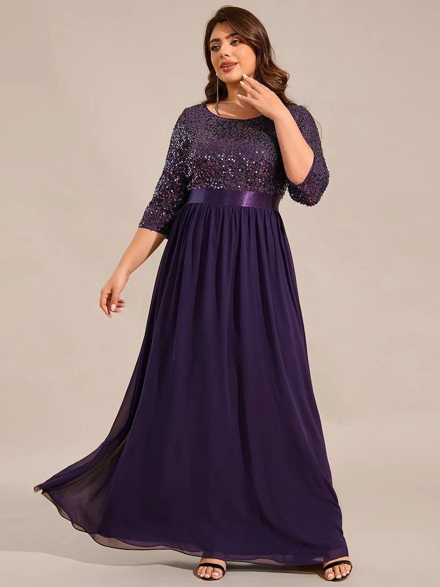 Plus Size Sequin 3/4 Sleeves Dresses #color_Dark Purple