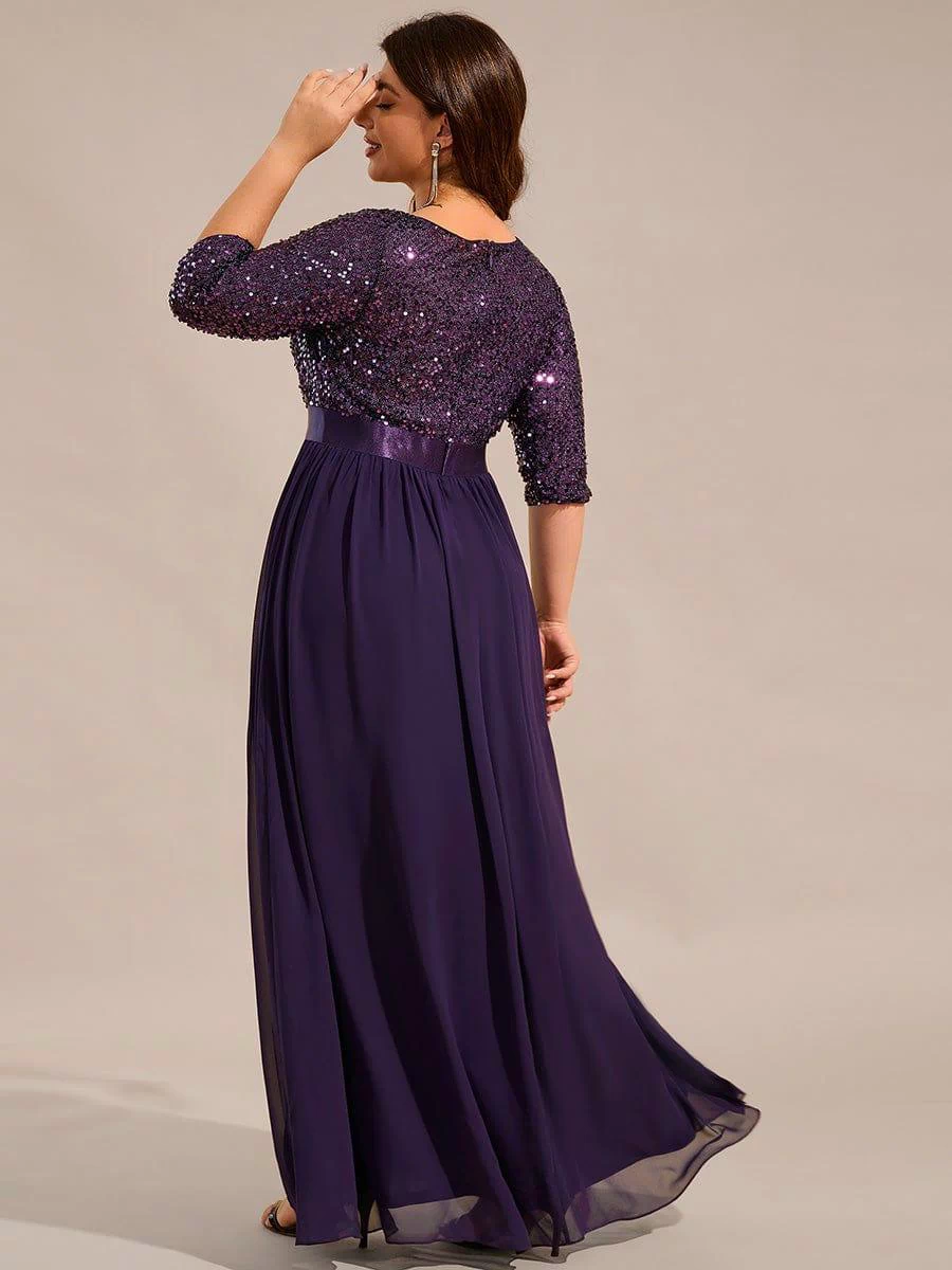 Plus Size Sequin 3/4 Sleeves Dresses #color_Dark Purple